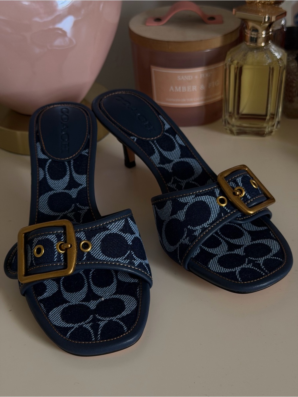 COACH Navy Signature Jacquard Buckle Mid-Heel Mules